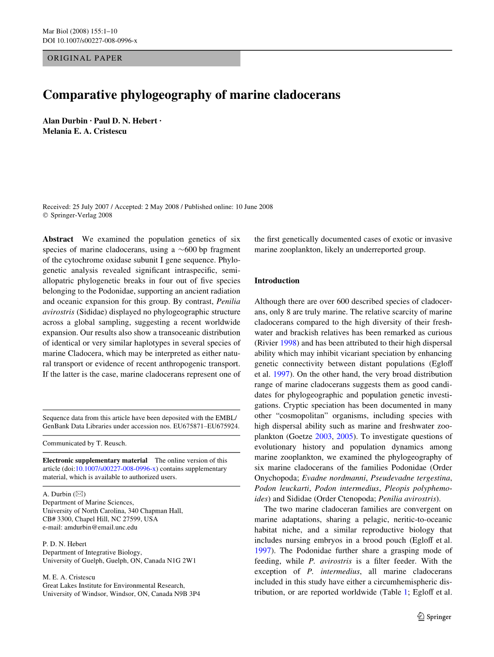 Comparative Phylogeography of Marine Cladocerans