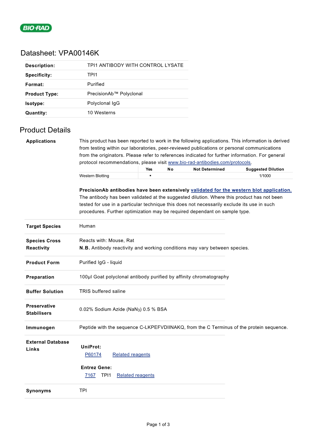 Datasheet: VPA00146K Product Details