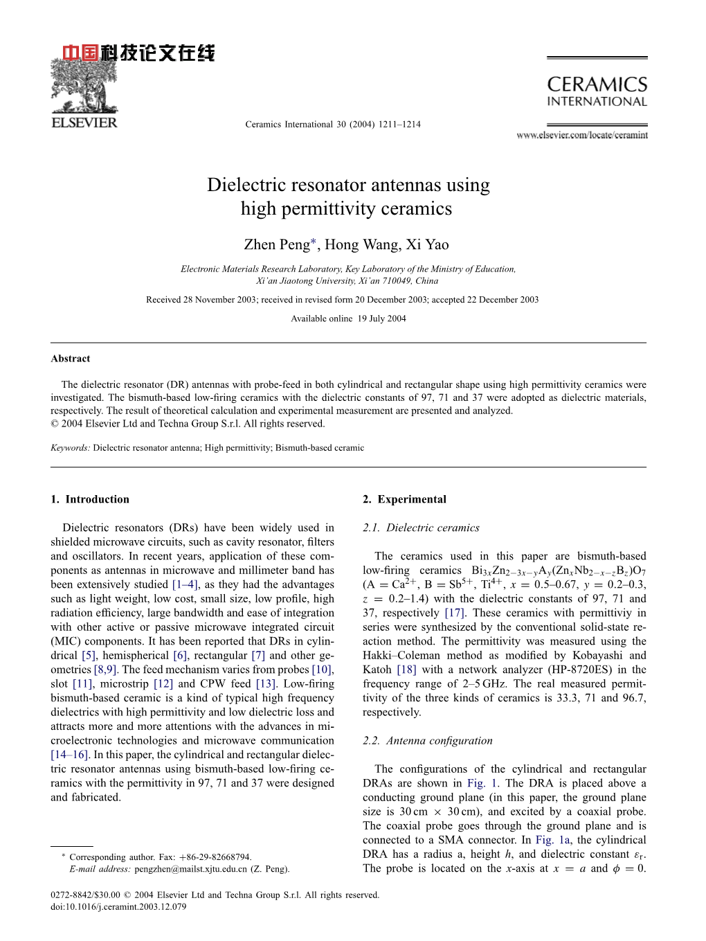 Dielectric Resonator Antennas Using High Permittivity Ceramics