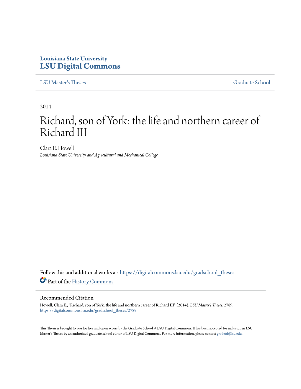 The Life and Northern Career of Richard III Clara E