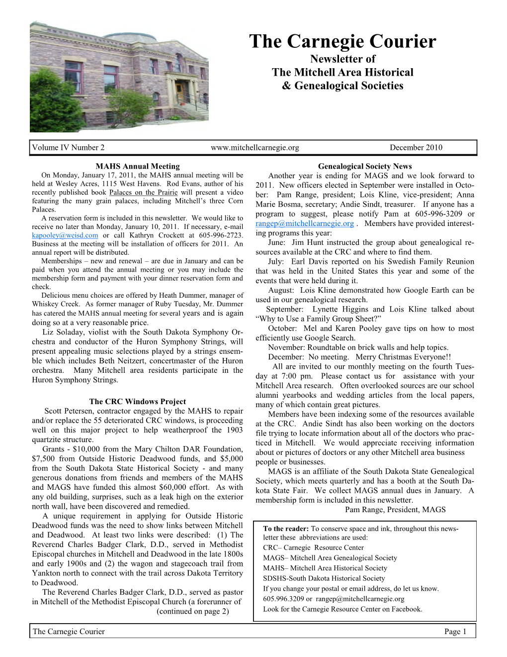 The Carnegie Courier Newsletter of the Mitchell Area Historical & Genealogical Societies