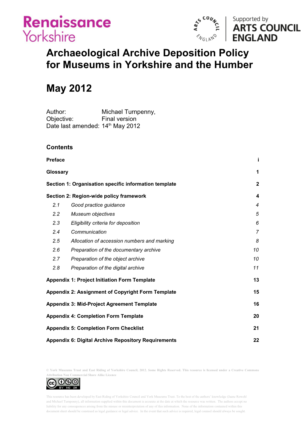 Archaeological Archive Deposition Policy for Museums in Yorkshire and the Humber