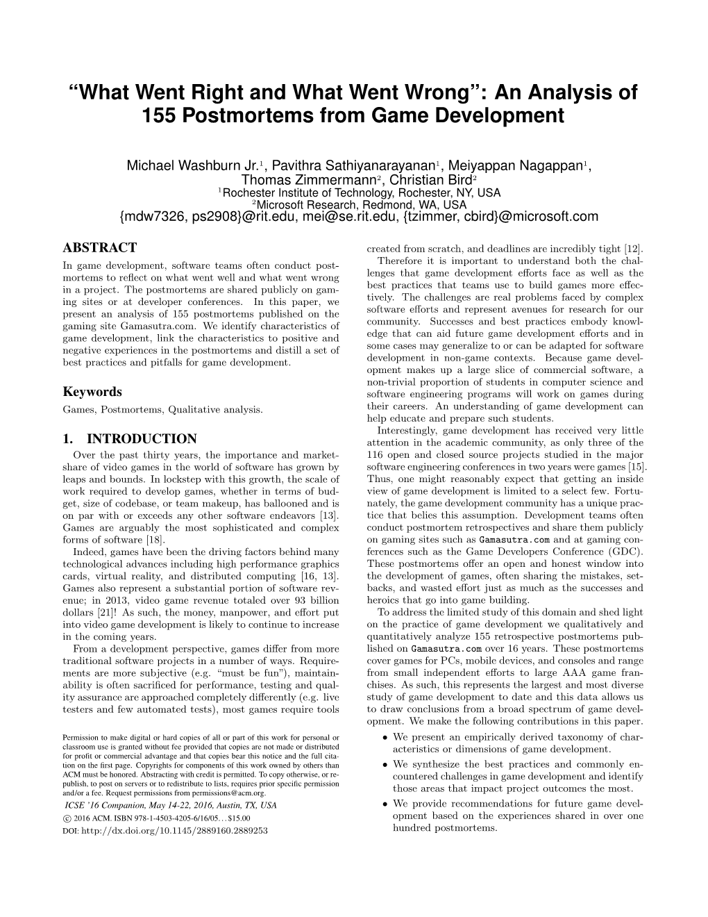 An Analysis of 155 Postmortems from Game Development