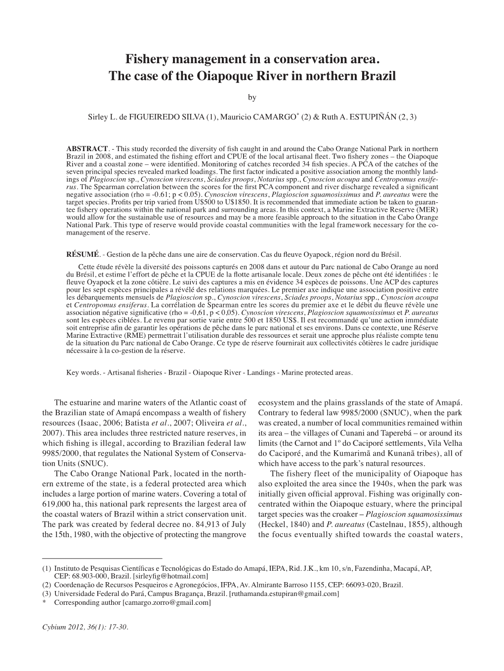 Fishery Management in a Conservation Area. the Case of the Oiapoque River in Northern Brazil