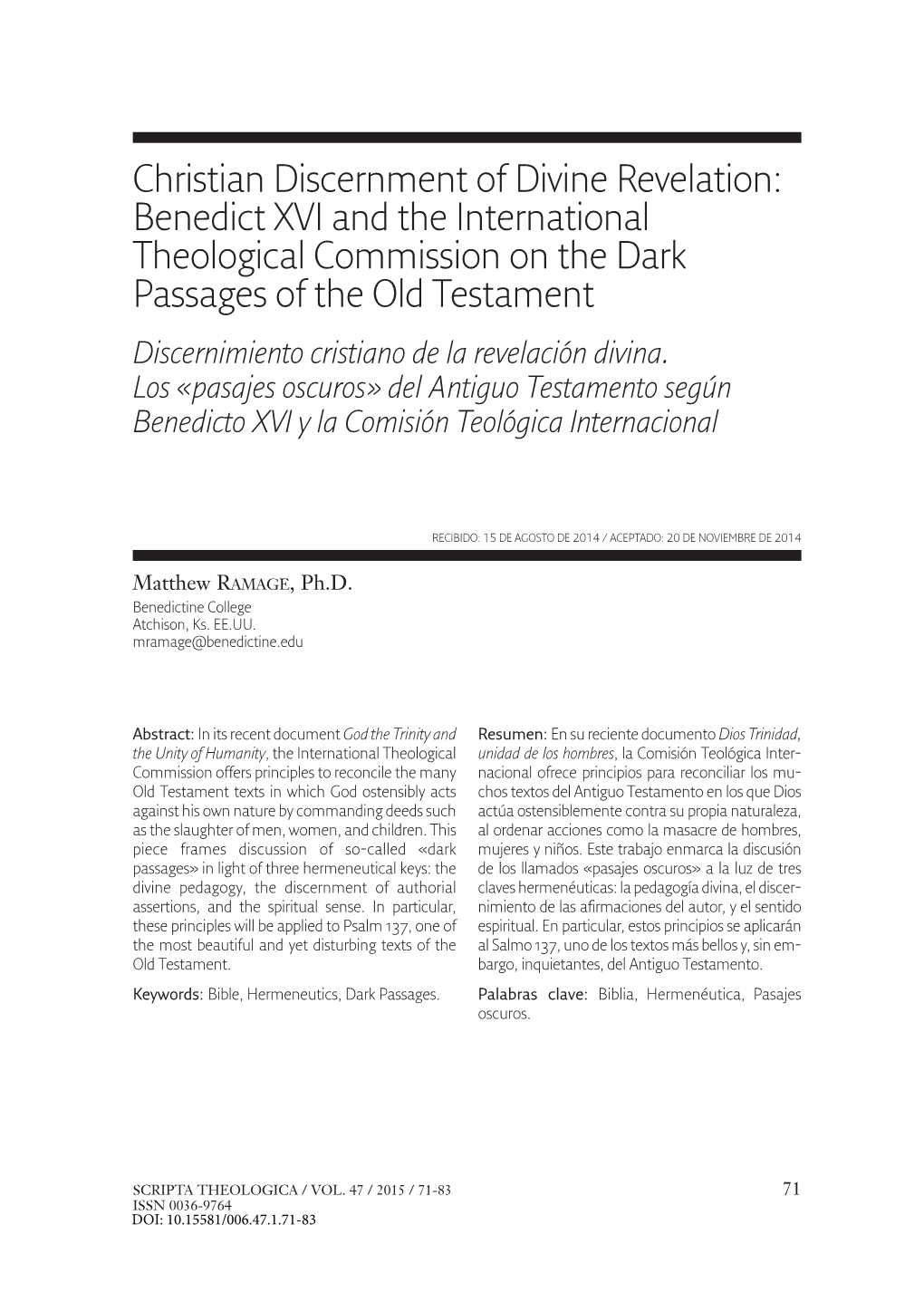 Benedict XVI and the International Theological Commission on the Dark Passages of the Old Testament Discernimiento Cristiano De La Revelación Divina