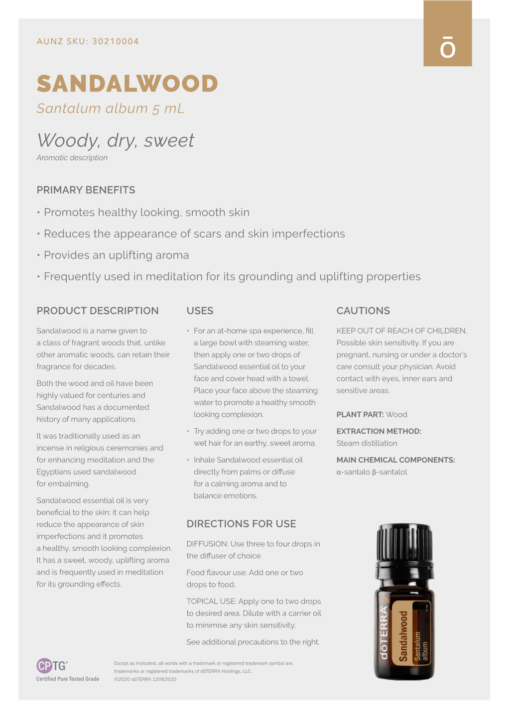 SANDALWOOD Santalum Album 5 Ml Woody, Dry, Sweet Aromatic Description