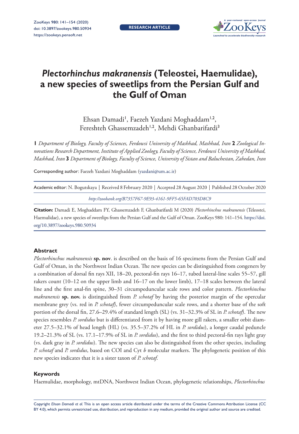 Plectorhinchus Makranensis (Teleostei, Haemulidae), a New Species of Sweetlips from the Persian Gulf and the Gulf of Oman