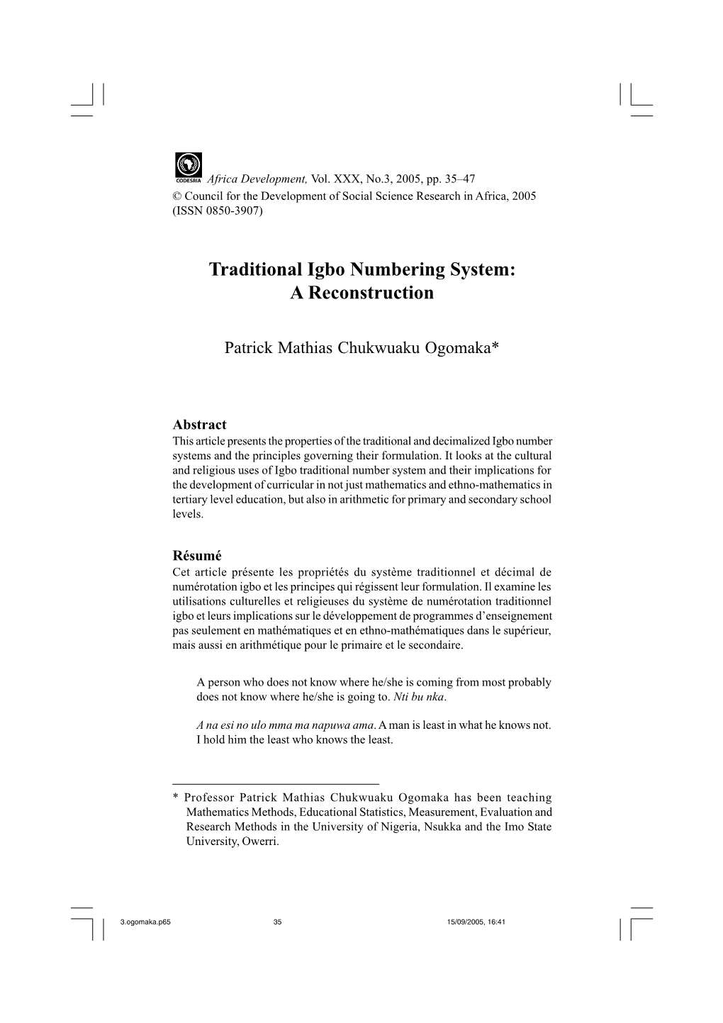 Traditional Igbo Numbering System: a Reconstruction