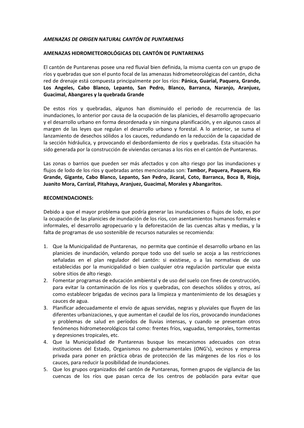 Amenazas De Origen Natural Cantón De Puntarenas