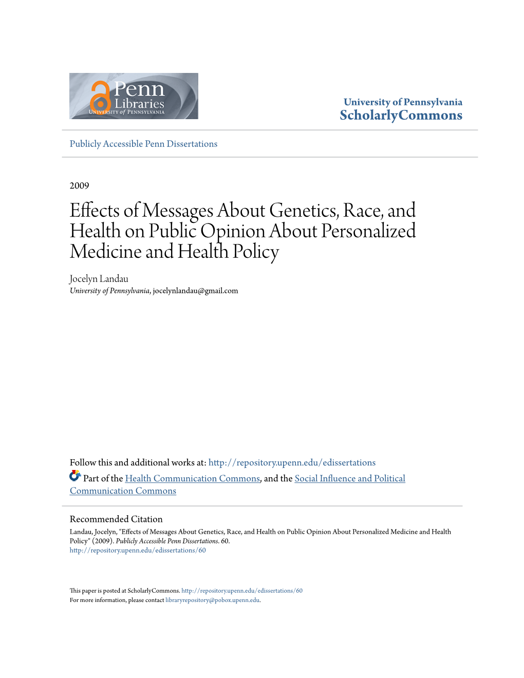 Effects of Messages About Genetics, Race, and Health on Public Opinion