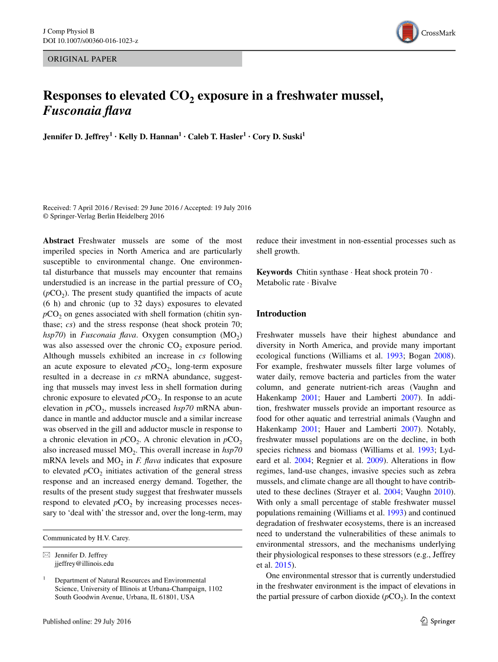 Responses to Elevated CO2 Exposure in a Freshwater Mussel, Fusconaia Flava