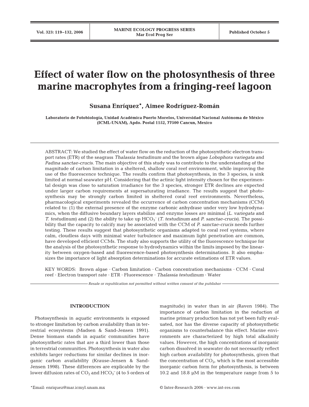 Effect of Water Flow on the Photosynthesis of Three Marine Macrophytes from a Fringing-Reef Lagoon