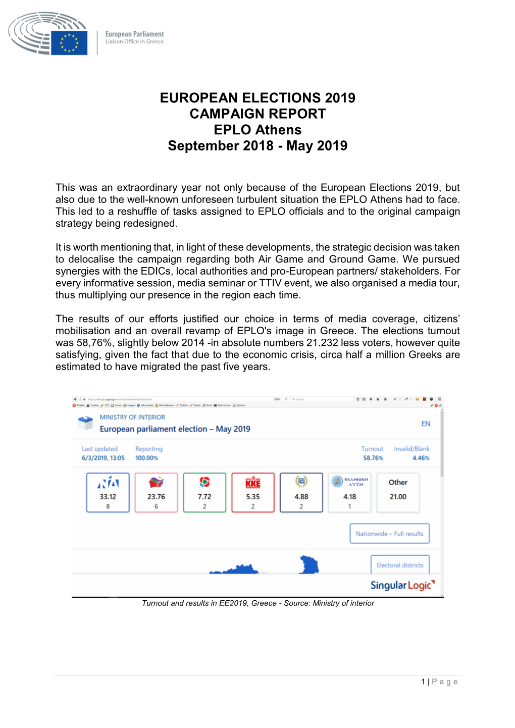 EUROPEAN ELECTIONS 2019 CAMPAIGN REPORT EPLO Athens September 2018 - May 2019