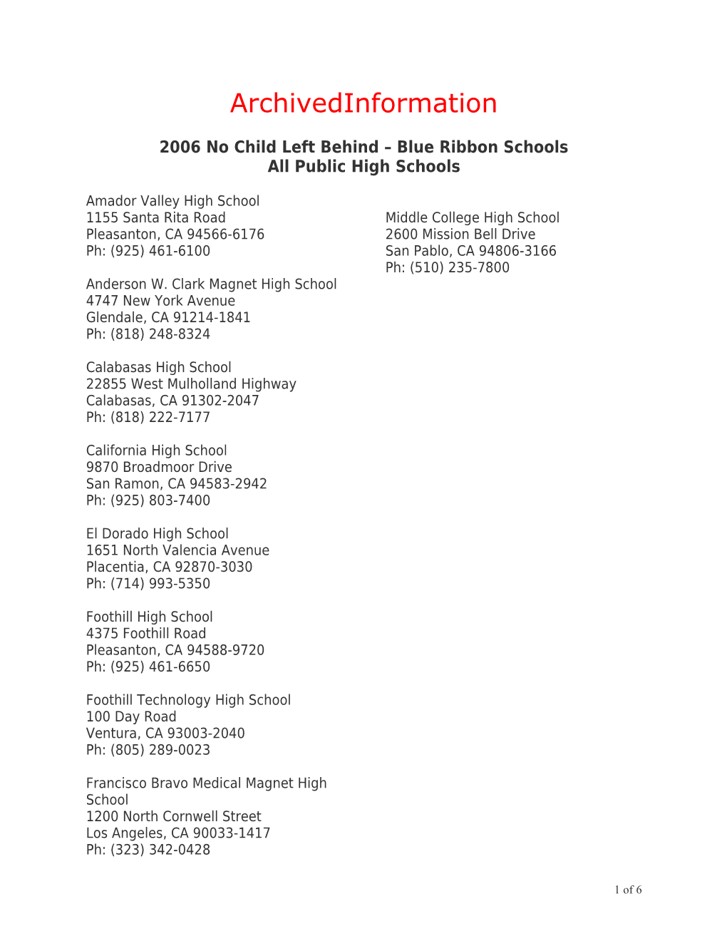 Archived: 2006 No Child Left Behind Blue Ribbon Schools: All Public High Schools (MS Word)