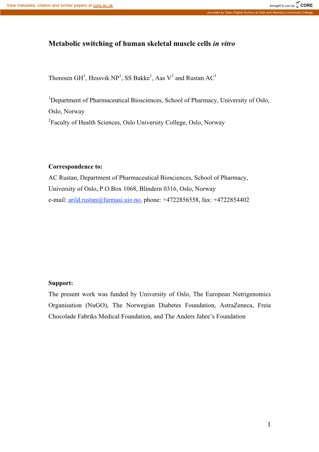 Metabolic Switching of Human Skeletal Muscle Cells in Vitro