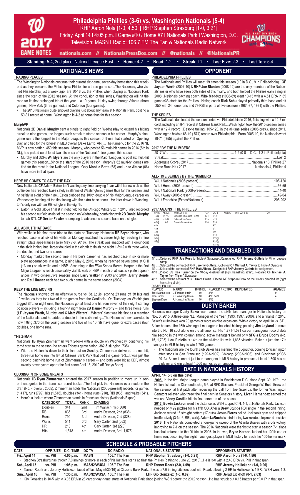 Philadelphia Phillies (3-6) Vs. Washington Nationals (5-4) RHP Aaron Nola [1-0, 4.50] | RHP Stephen Strasburg [1-0, 3.21] Friday, April 14 L 4:05 P.M