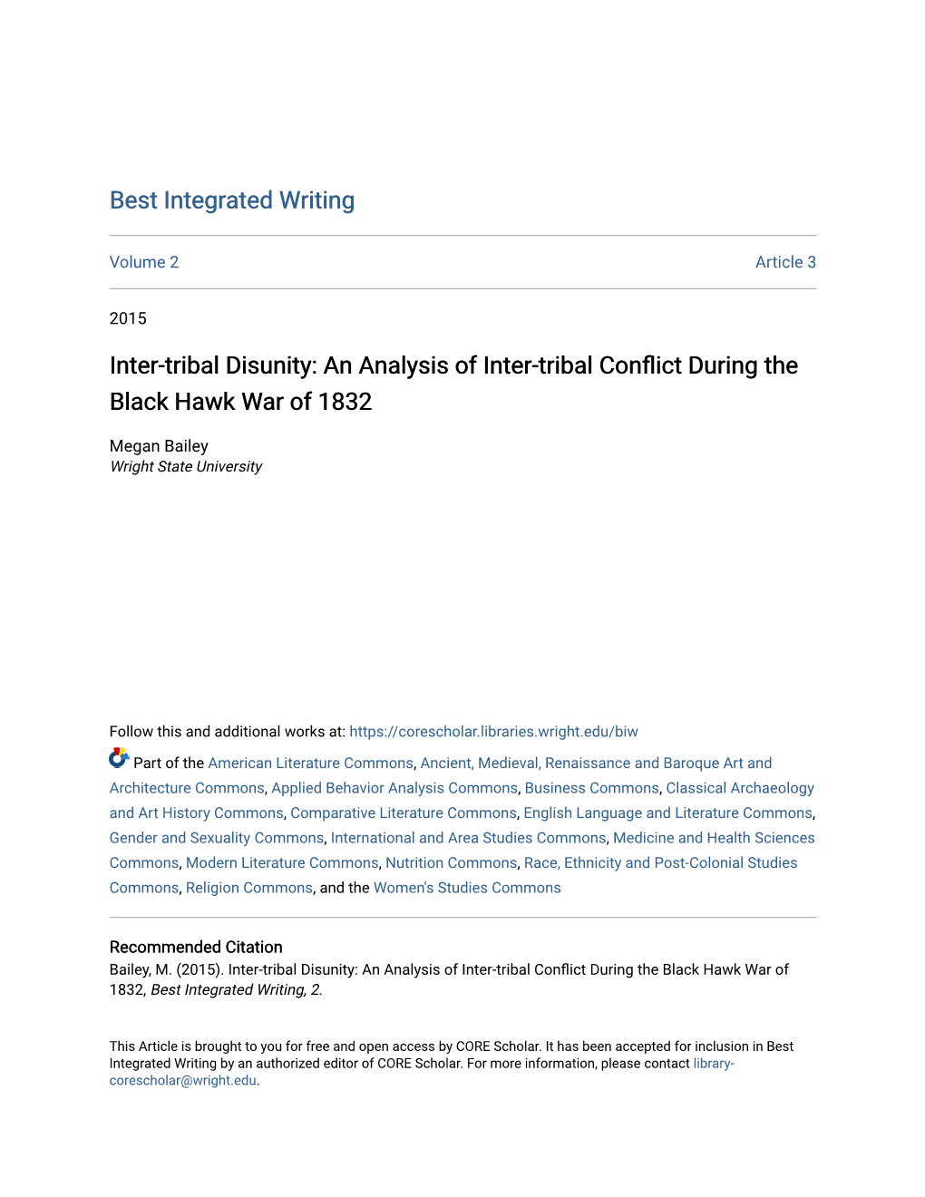 Inter-Tribal Disunity: an Analysis of Inter-Tribal Conflict During the Black Hawk War of 1832