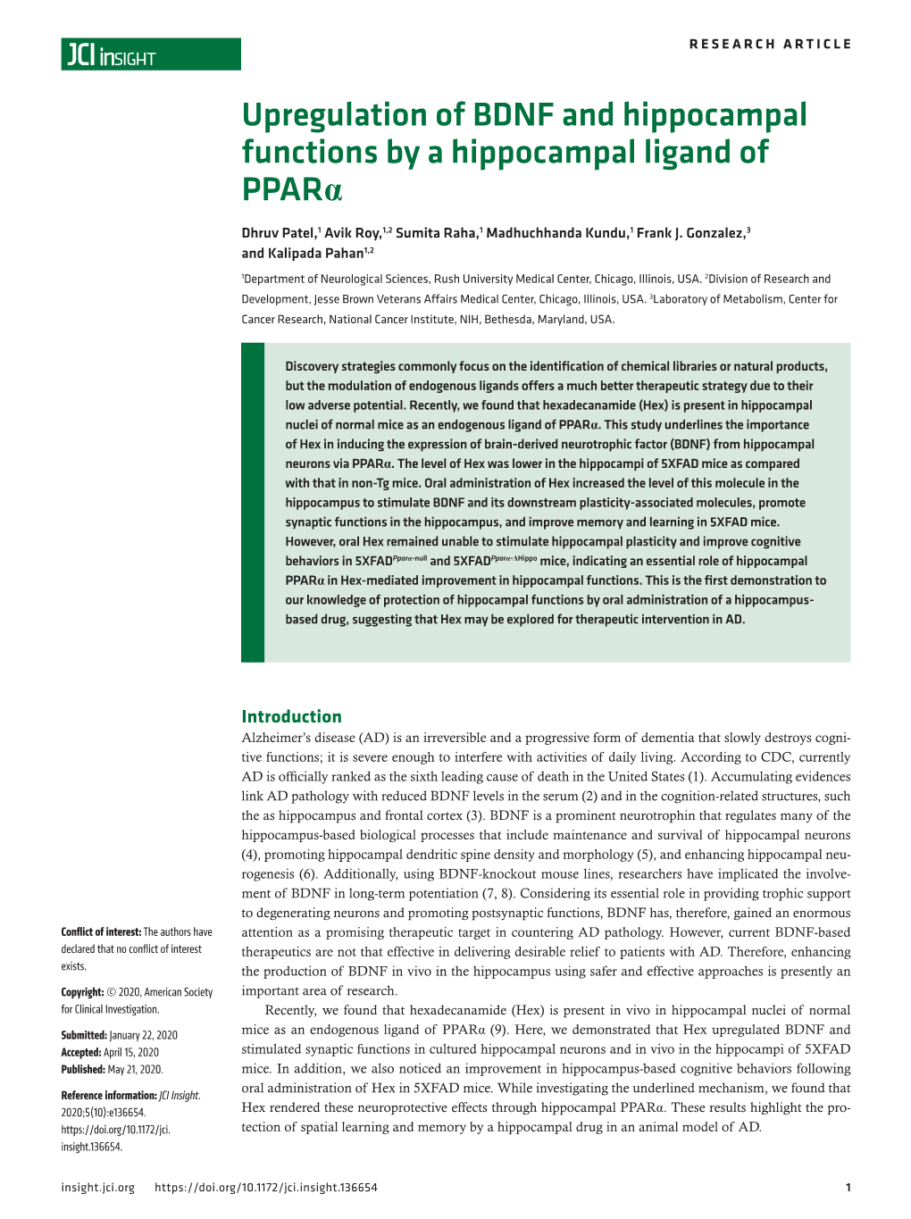 Upregulation of BDNF and Hippocampal Functions by a Hippocampal Ligand of Pparα