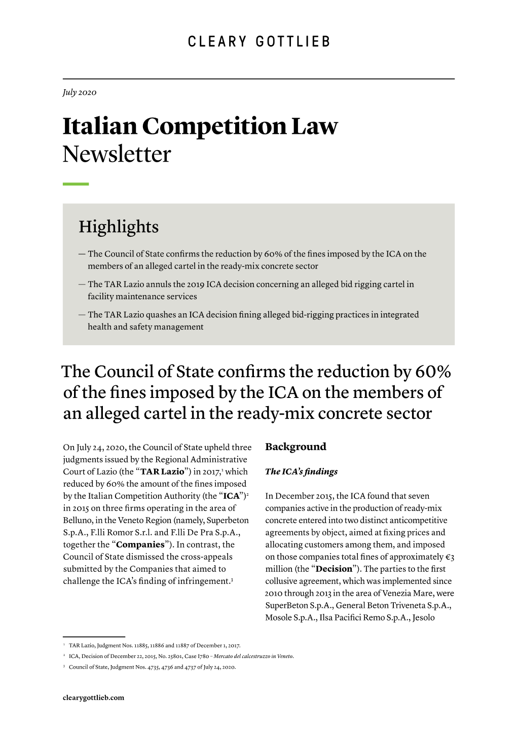 Italian Competition Law Newsletter — Highlights