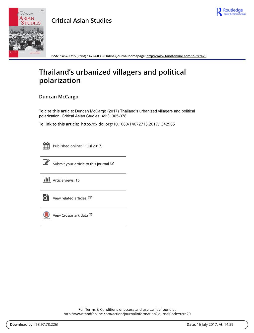 Thailand's Urbanized Villagers and Political Polarization