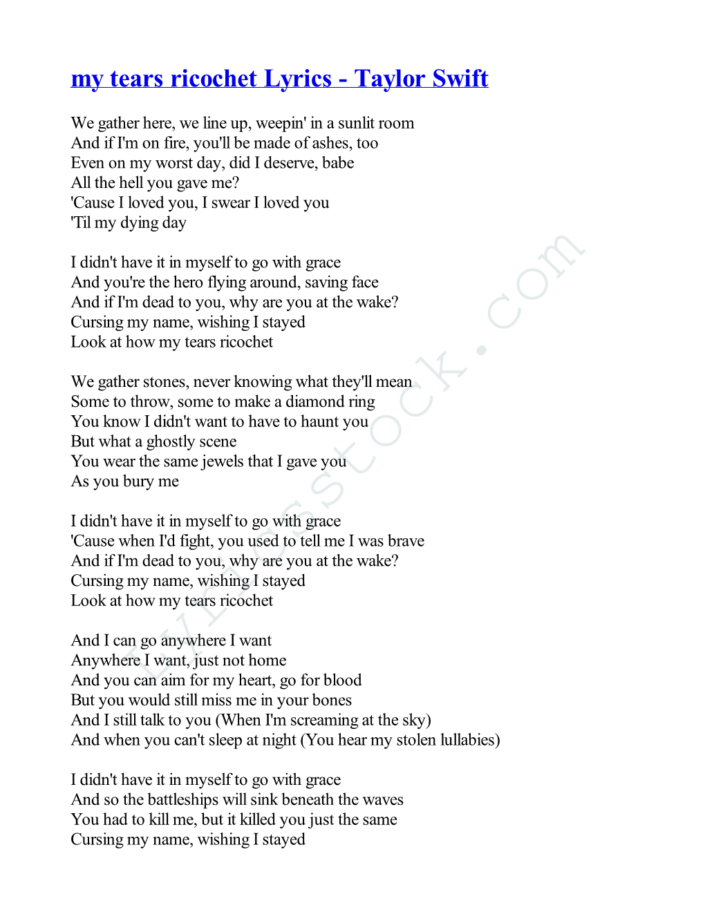 My Tears Ricochet Lyrics - Taylor Swift
