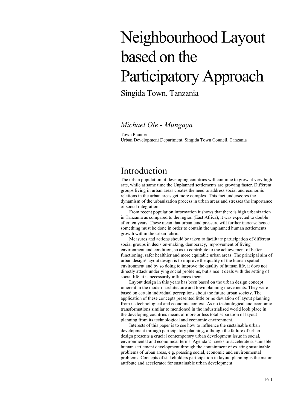 Neighbourhood Layout Based on the Participatory Approach Singida Town, Tanzania