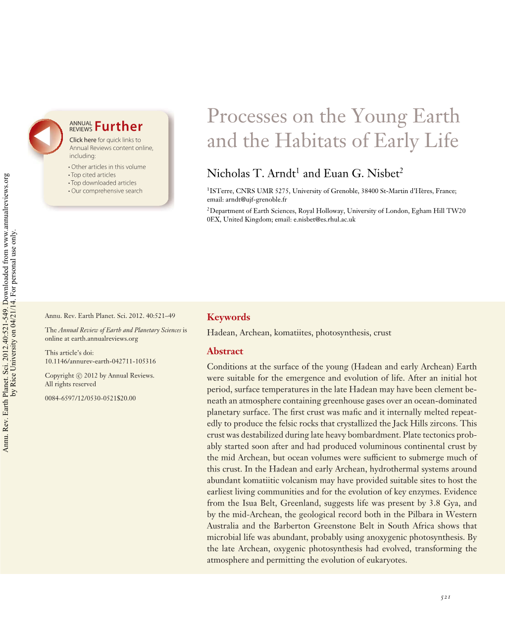 Processes on the Young Earth and the Habitats of Early Life