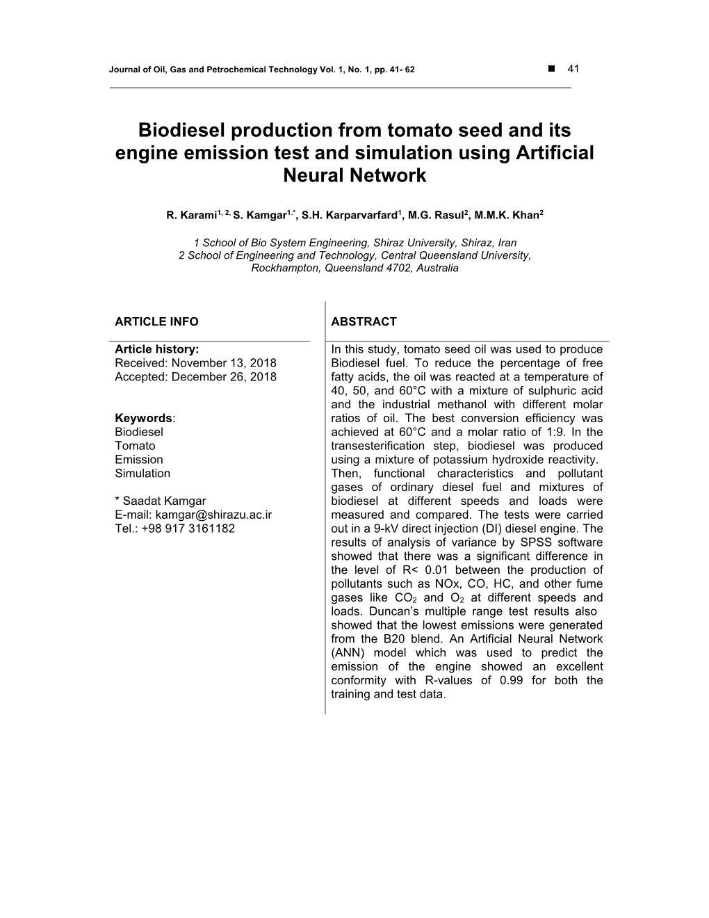 Biodiesel Production from Tomato Seed and Its Engine Emission Test and Simulation Using Artificial Neural Network