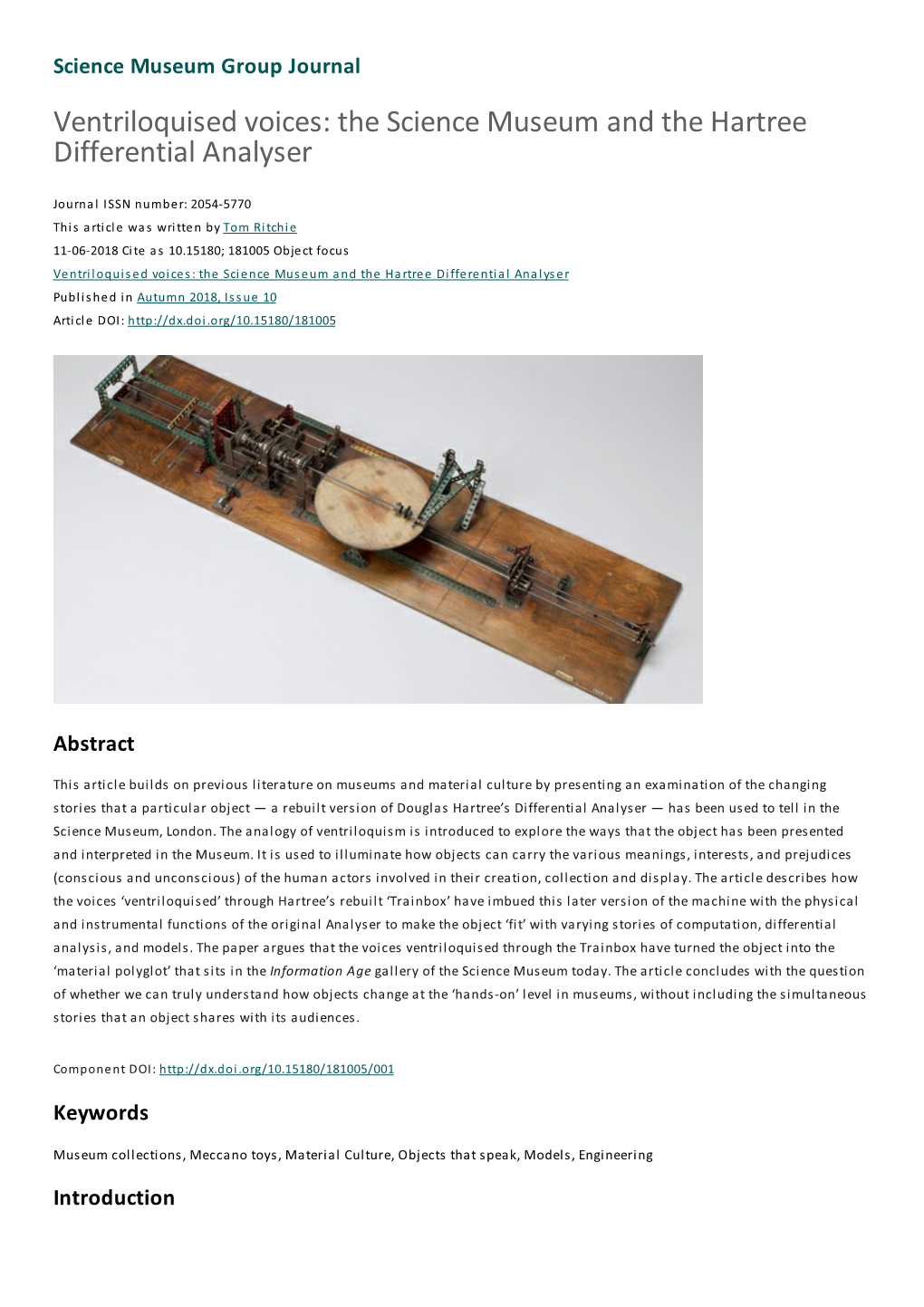 Ventriloquised Voices: the Science Museum and the Hartree Differential Analyser