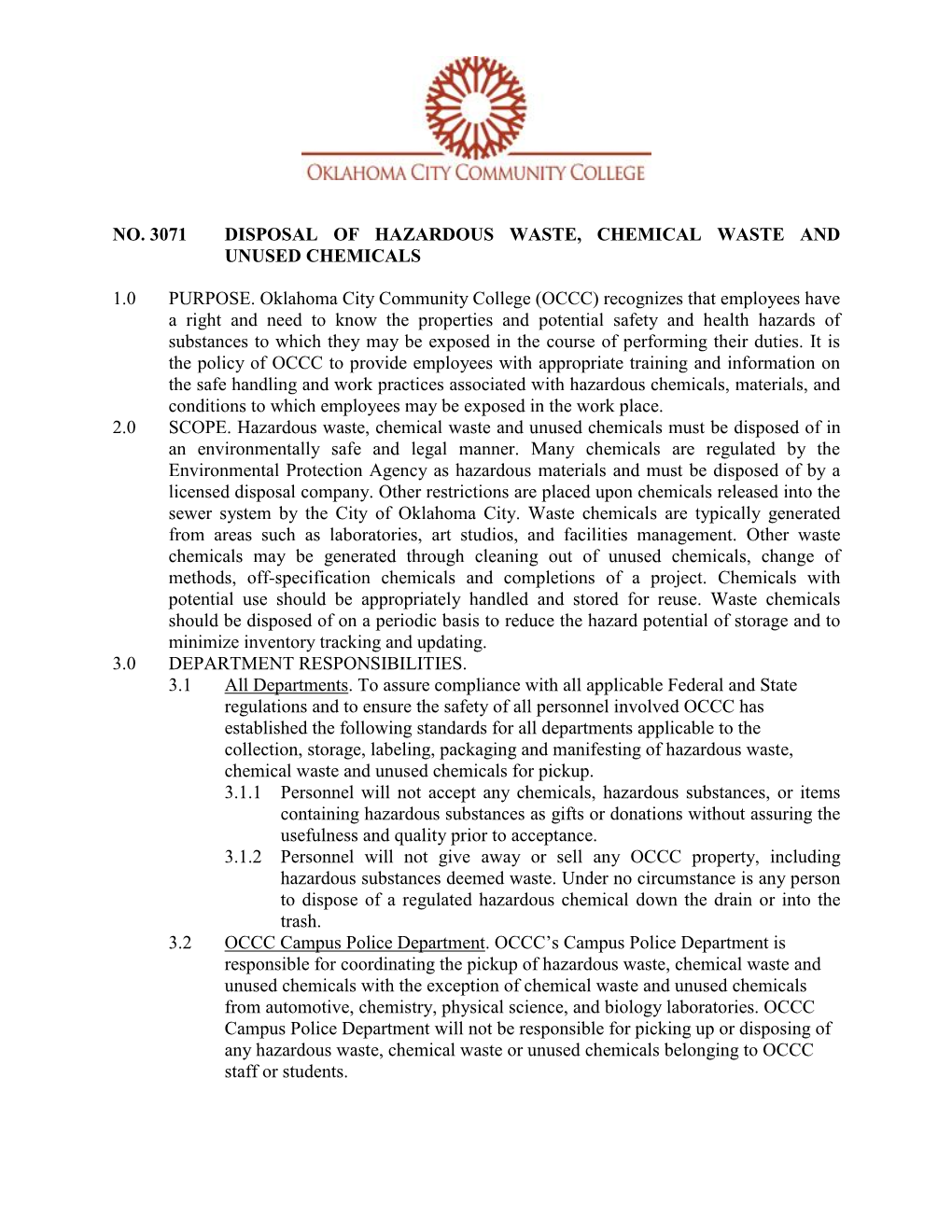 Disposal of Hazardous Waste, Chemical Waste and Unused Chemicals