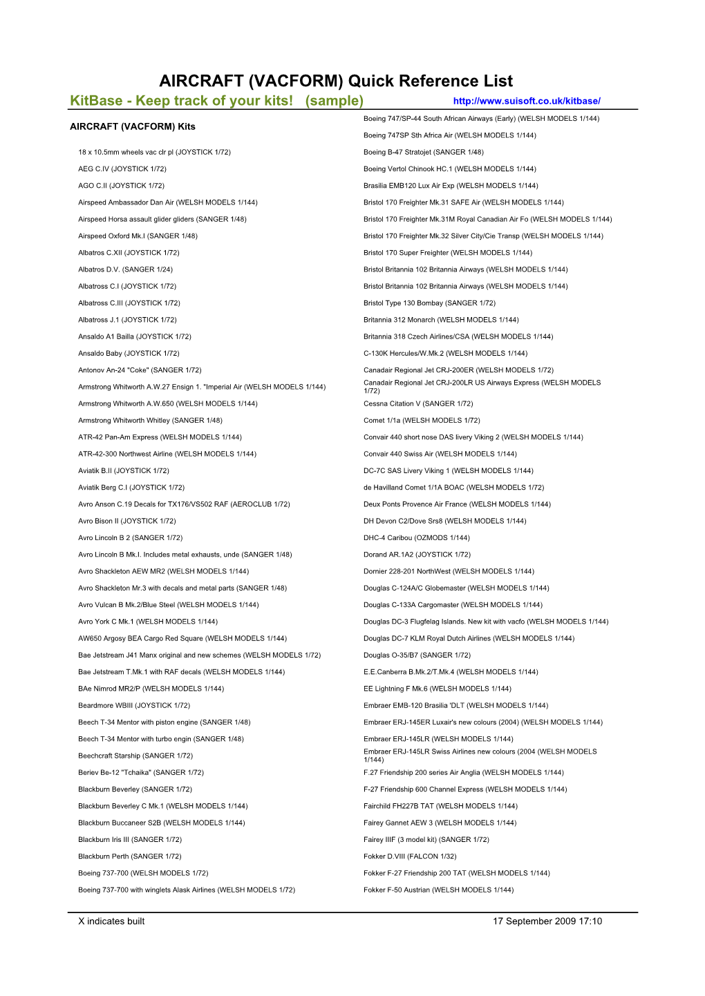 AIRCRAFT (VACFORM) Quick Reference List Kitbase - Keep Track of Your Kits! (Sample)