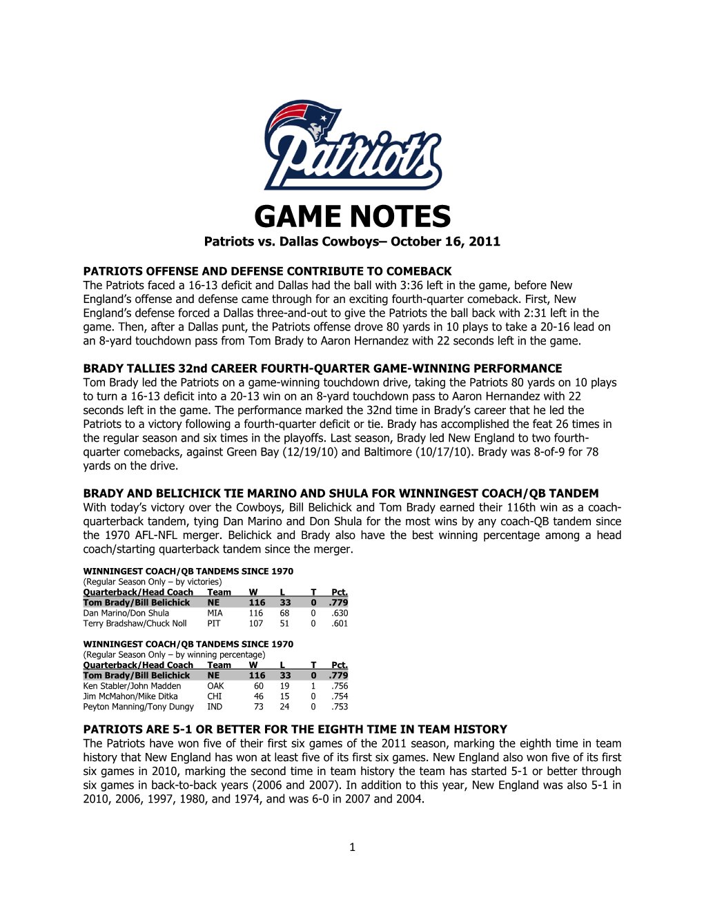 GAME NOTES Patriots Vs