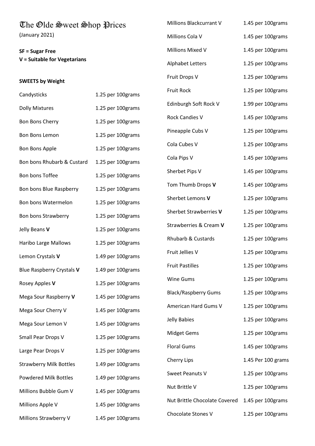 The Olde Sweet Shop Prices Millions Blackcurrant V 1.45 Per 100Grams (January 2021) Millions Cola V 1.45 Per 100Grams