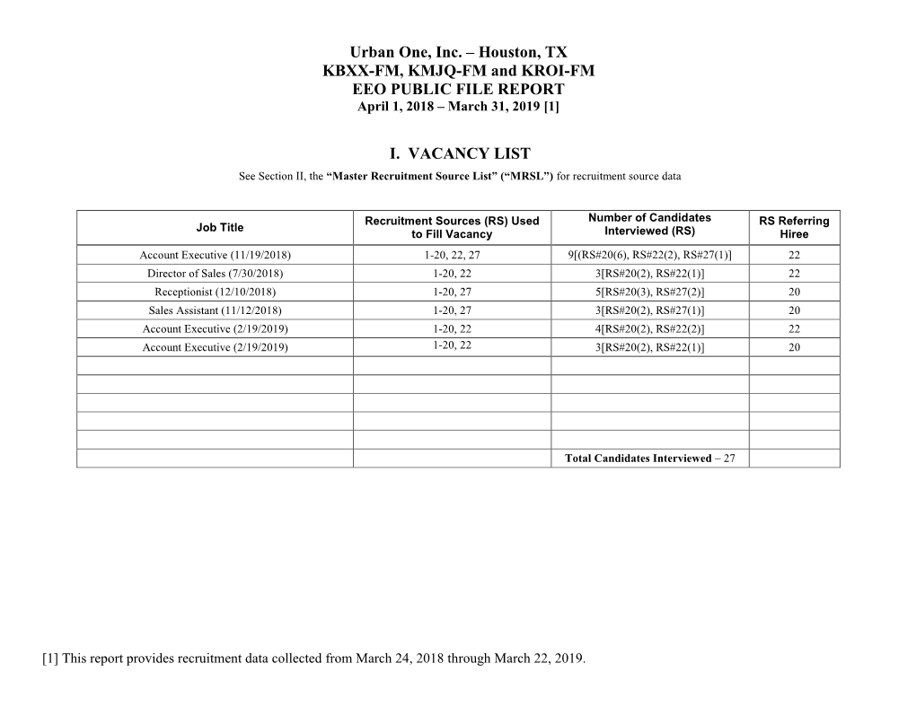 Houston, TX KBXX-FM, KMJQ-FM and KROI-FM EEO PUBLIC FILE REPORT April 1, 2018 – March 31, 2019 [1]