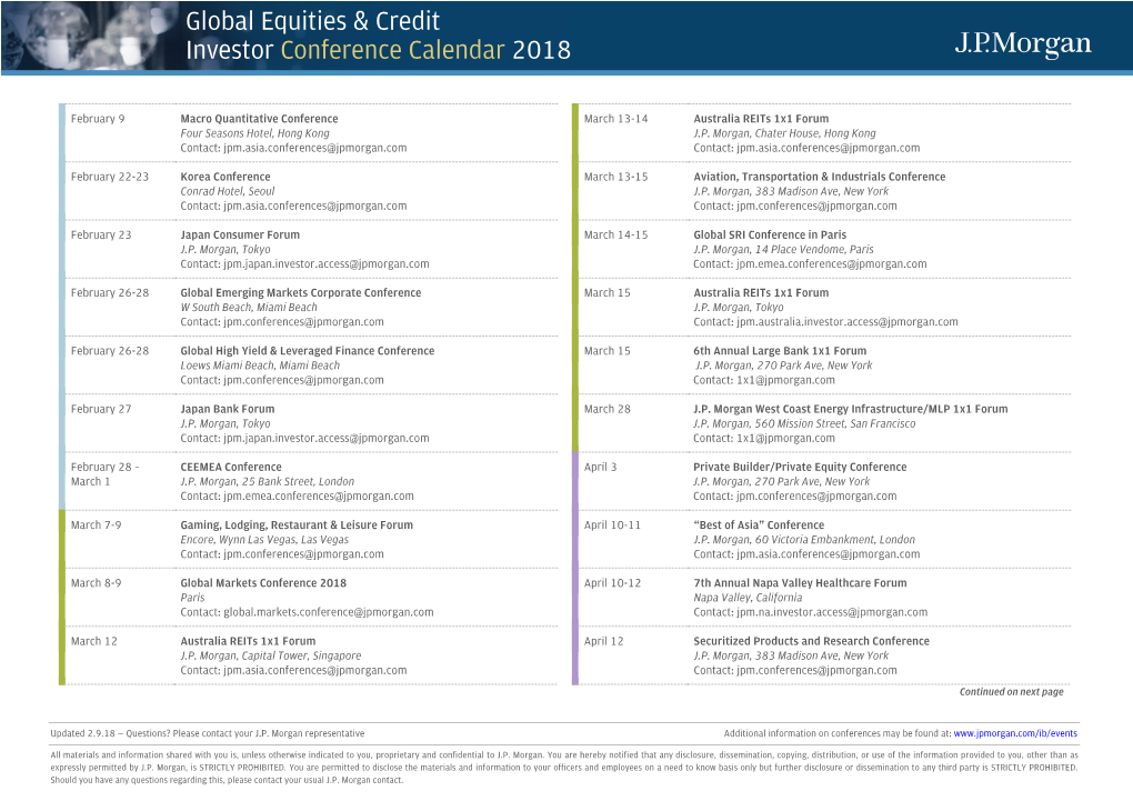 Global Equities & Credit Investor Conference Calendar 2018