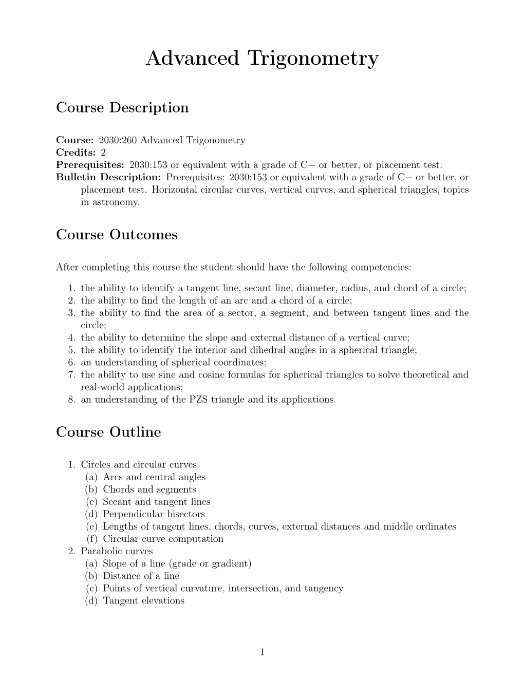 2030:260 Advanced Trigonometry Course Outline