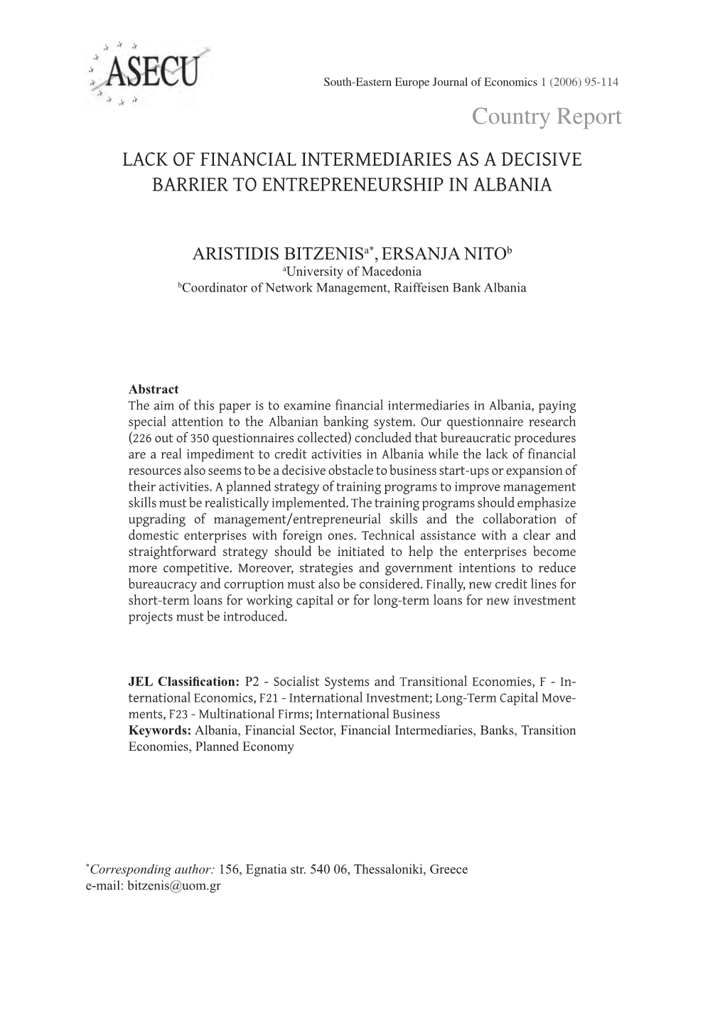 Lack of Financial Intermediaries As a Decisive Barrier to Entrepreneurship in Albania