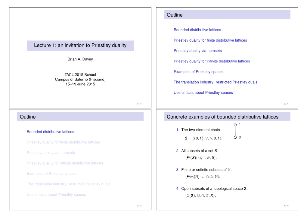 An Invitation to Priestley Duality Outline Outline Concrete Examples of Bounded Distributive Lattices