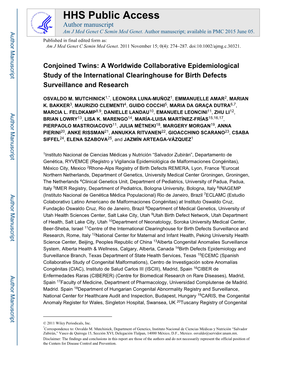 Conjoined Twins: a Worldwide Collaborative Epidemiological Study of the International Clearinghouse for Birth Defects Surveillance and Research