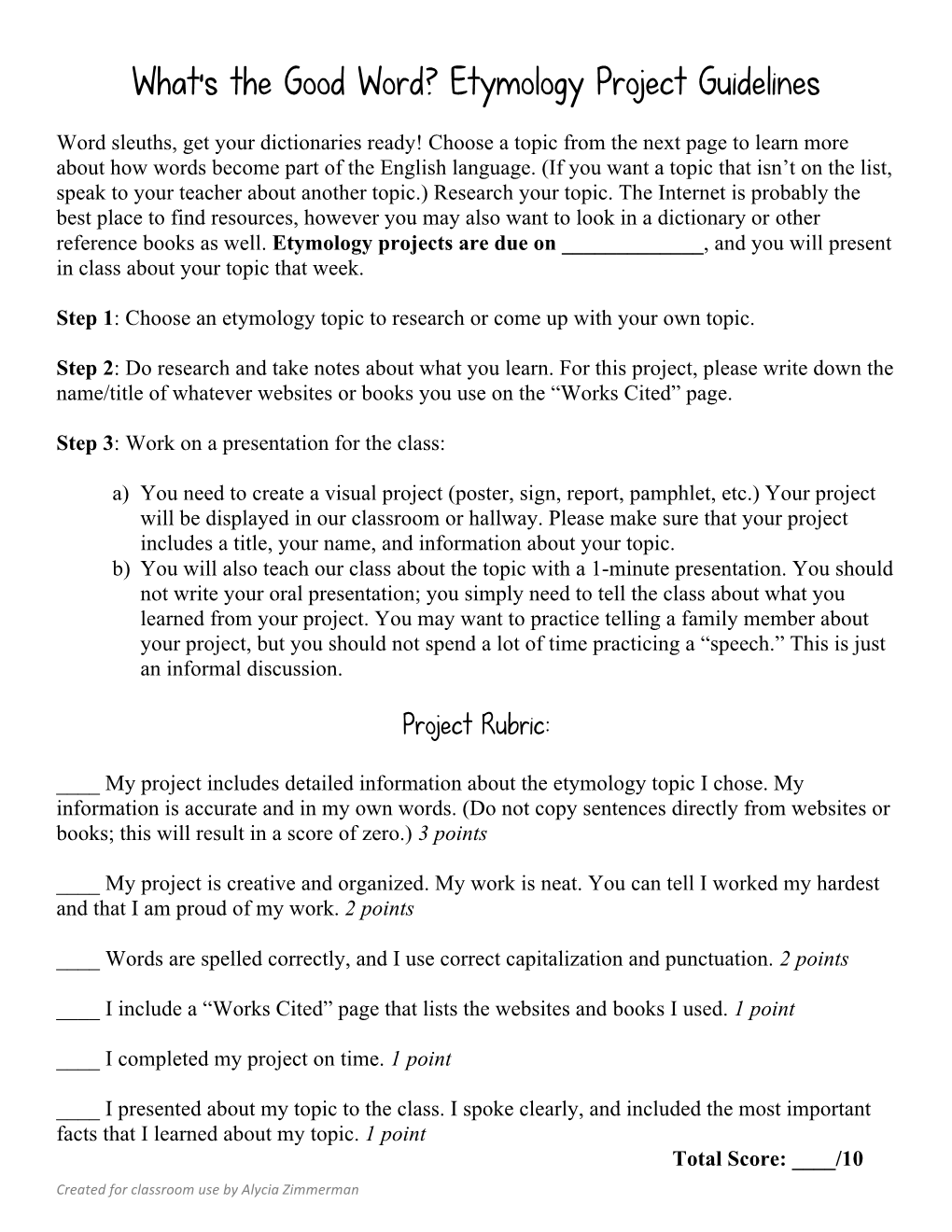 Etymology Project Guidelines