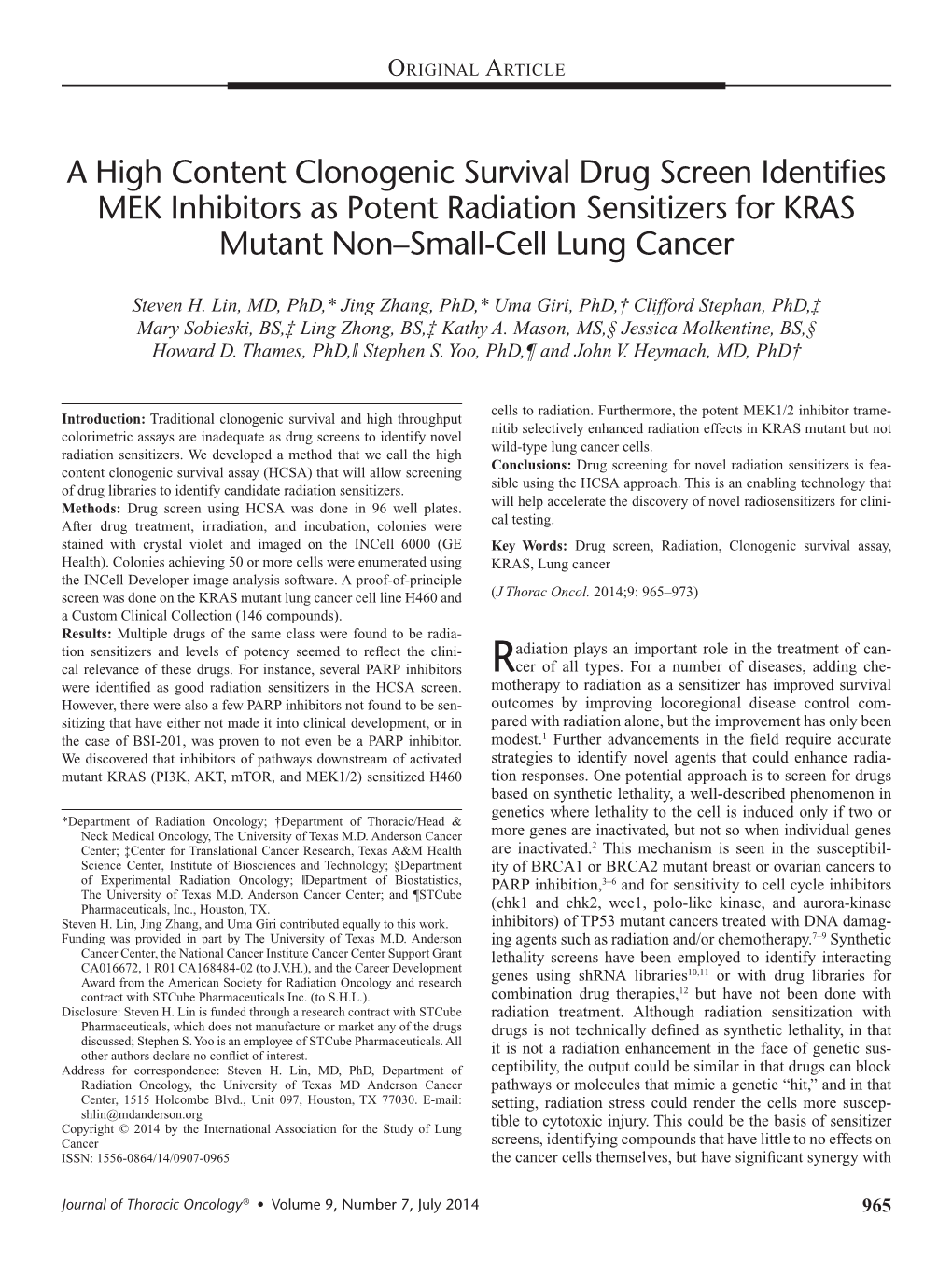 A High Content Clonogenic Survival Drug Screen Identifies MEK Inhibitors As Potent Radiation Sensitizers for KRAS Mutant Non–Small-Cell Lung Cancer