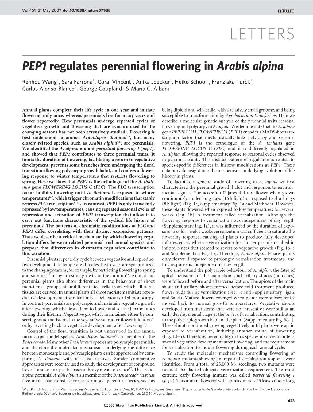 PEP1 Regulates Perennial Flowering in Arabis Alpina