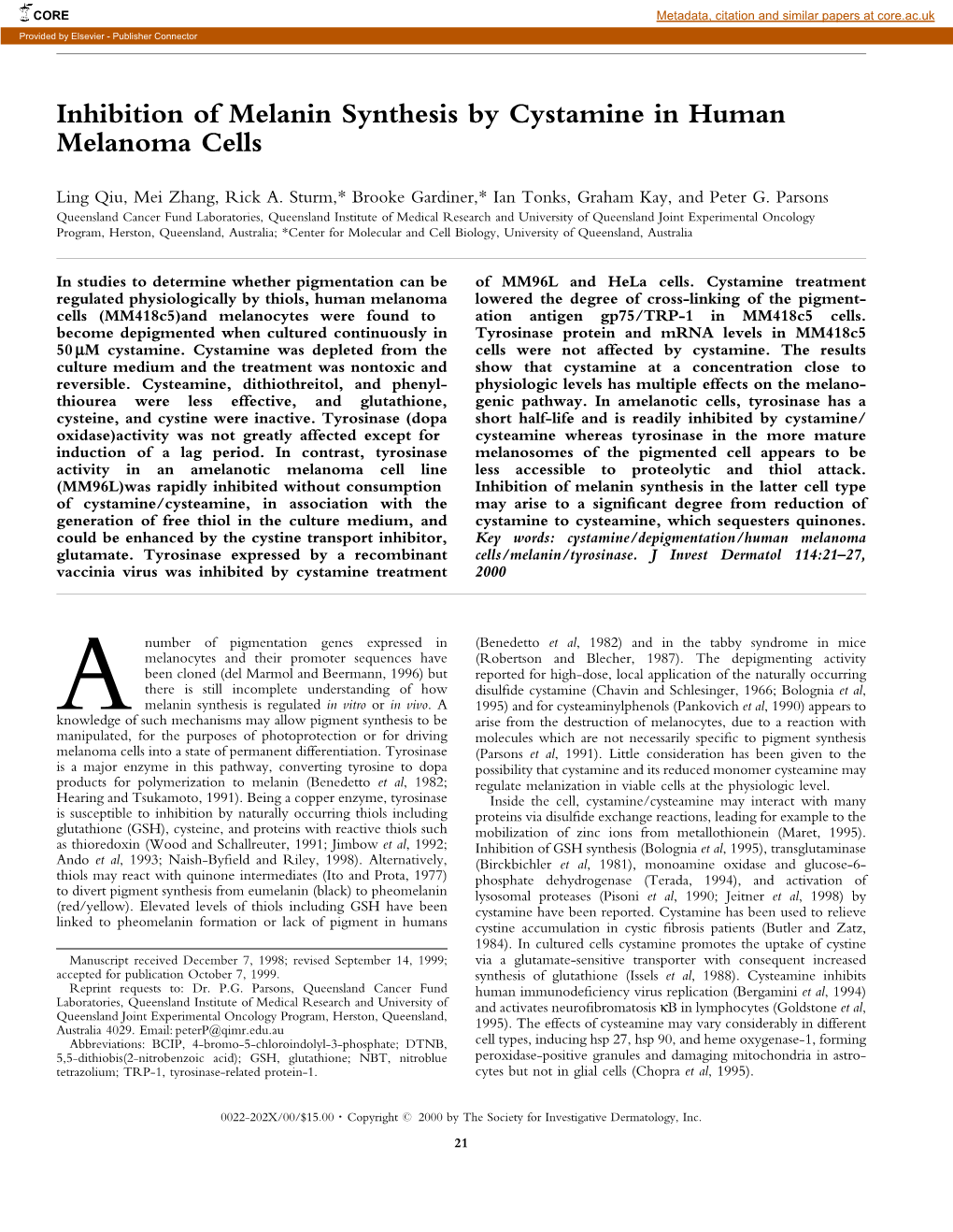 Inhibition of Melanin Synthesis by Cystamine in Human Melanoma Cells