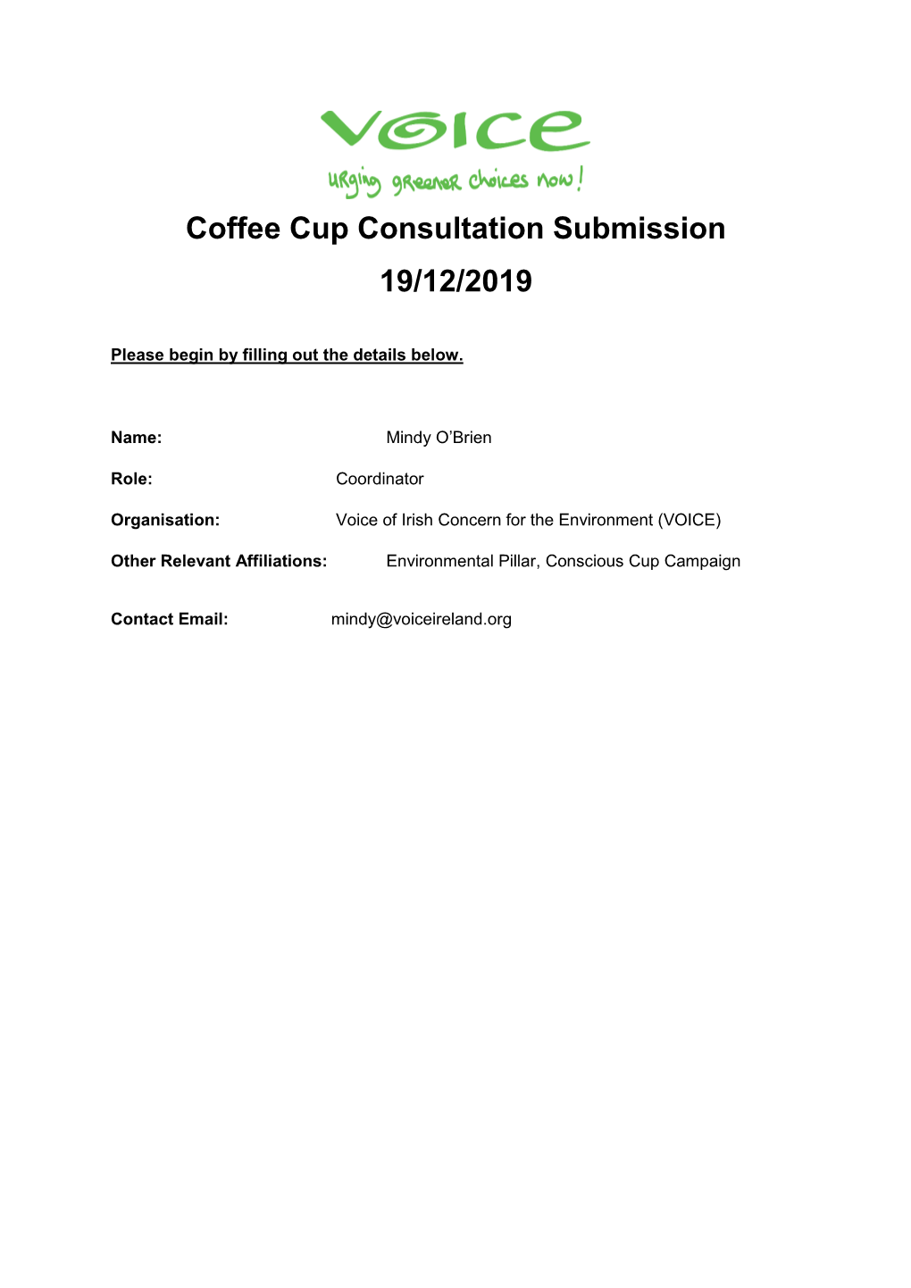 Coffee Cup Consultation Submission 19/12/2019