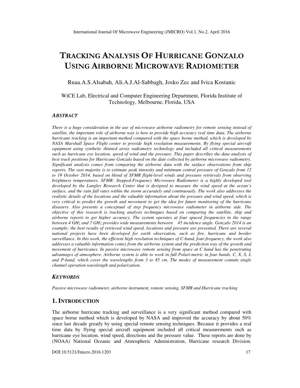 Tracking Analysis of Hurricane Gonzalo Using Airborne Microwave Radiometer