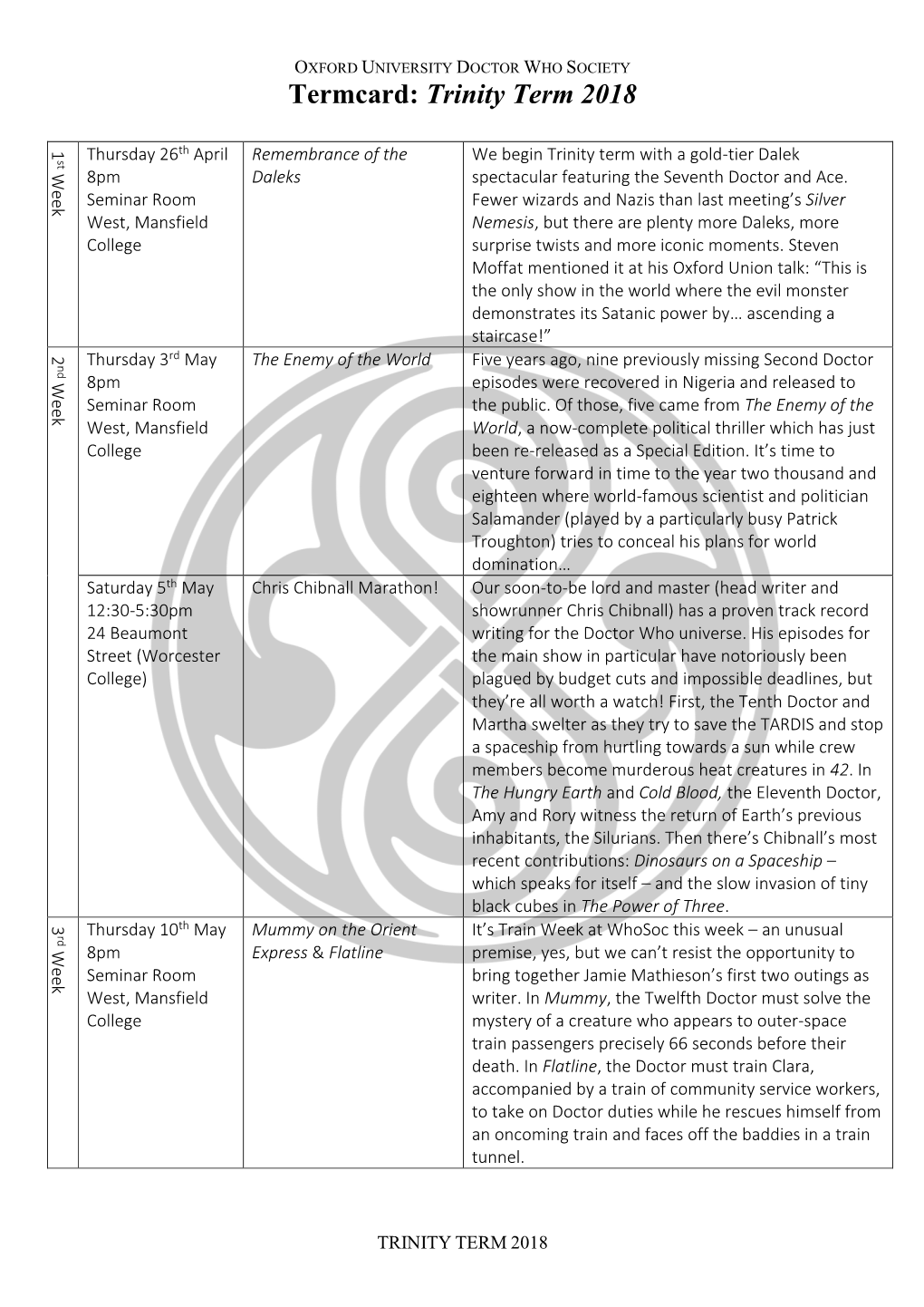 Termcard: Trinity Term 2018