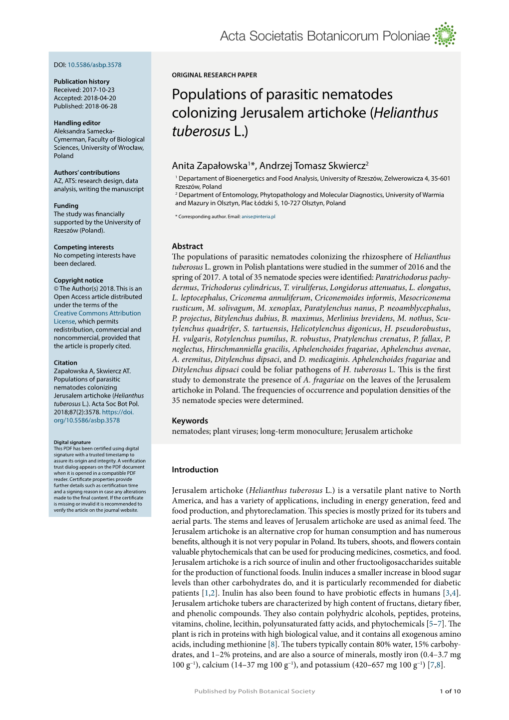 Populations of Parasitic Nematodes Colonizing Jerusalem Artichoke