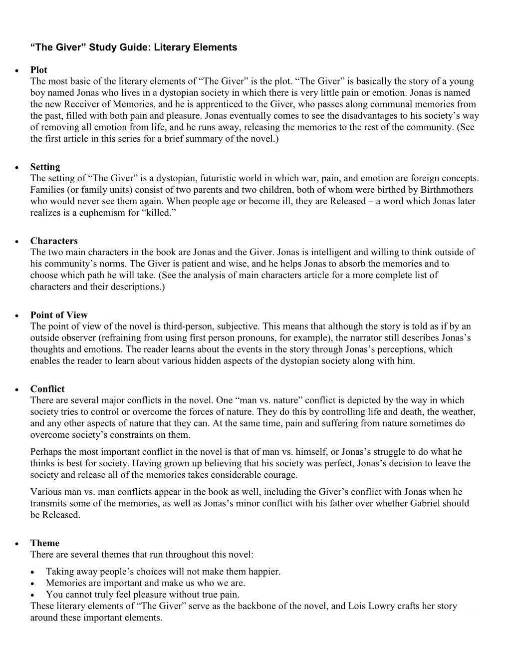 “The Giver” Study Guide: Literary Elements