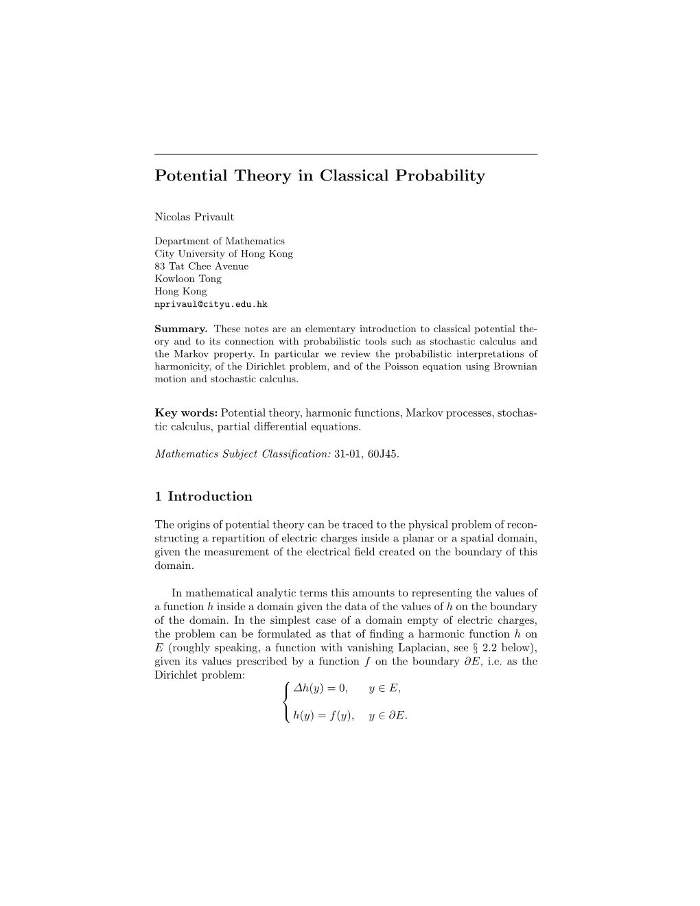 Potential Theory in Classical Probability