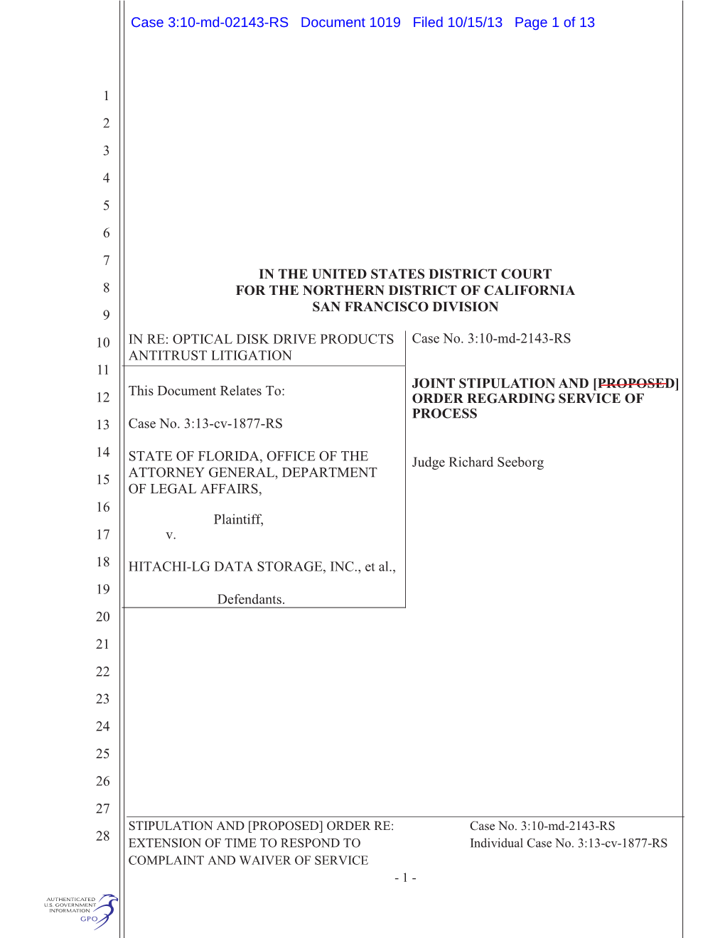 Case 3:10-Md-02143-RS Document 1019 Filed 10/15/13 Page 1 of 13